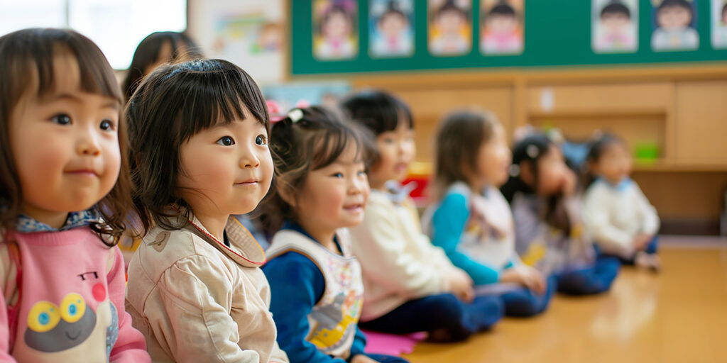 幼稚園の思い出ビデオ制作・動画編集-お話を聞く幼稚園児たち